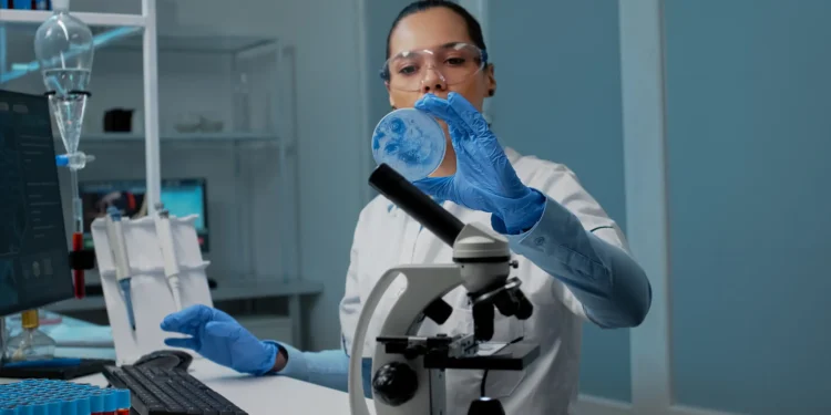 Profissional de saúde analisando uma amostra em laboratório com um microscópio, refletindo as oportunidades na área da saúde em 2026.