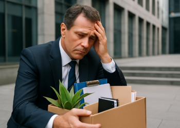 Homem de terno cabisbaixo segurando caixa de pertences pessoais