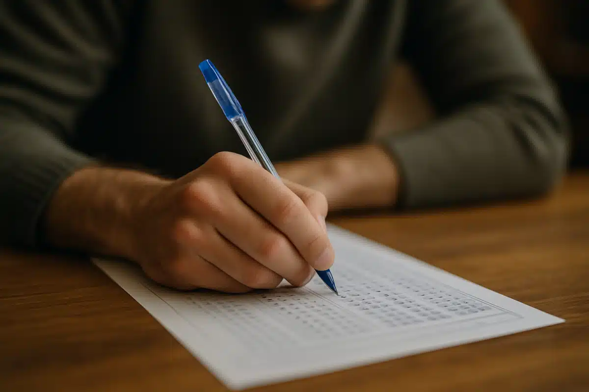 Concurso Unificado PE Pessoa marca respostas com caneta azul em folha de questões objetivas sobre mesa