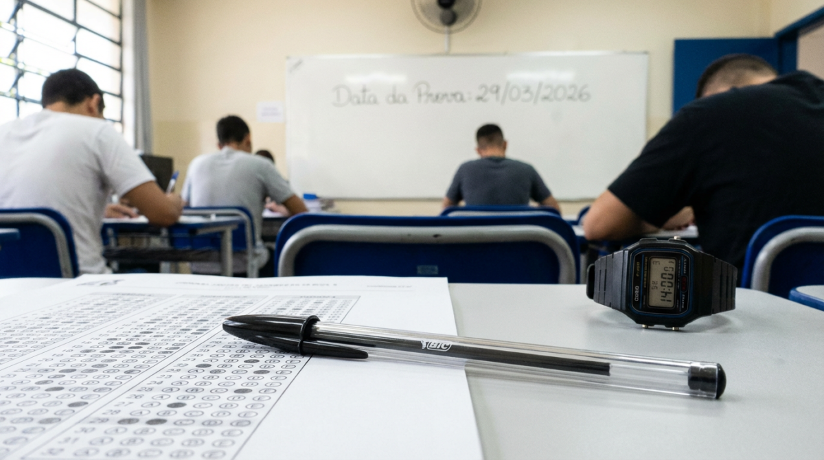 Prova PC MG Candidatos sentados em sala realizando prova objetiva, com caneta, relógio e gabarito sobre a carteira