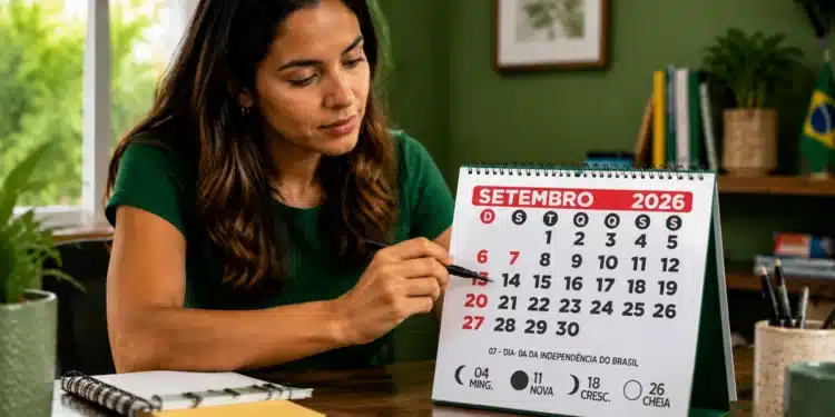 Mulher brasileira consultando calendário de setembro de 2026 em mesa de escritório, representando o planejamento do calendário completo de folgas.