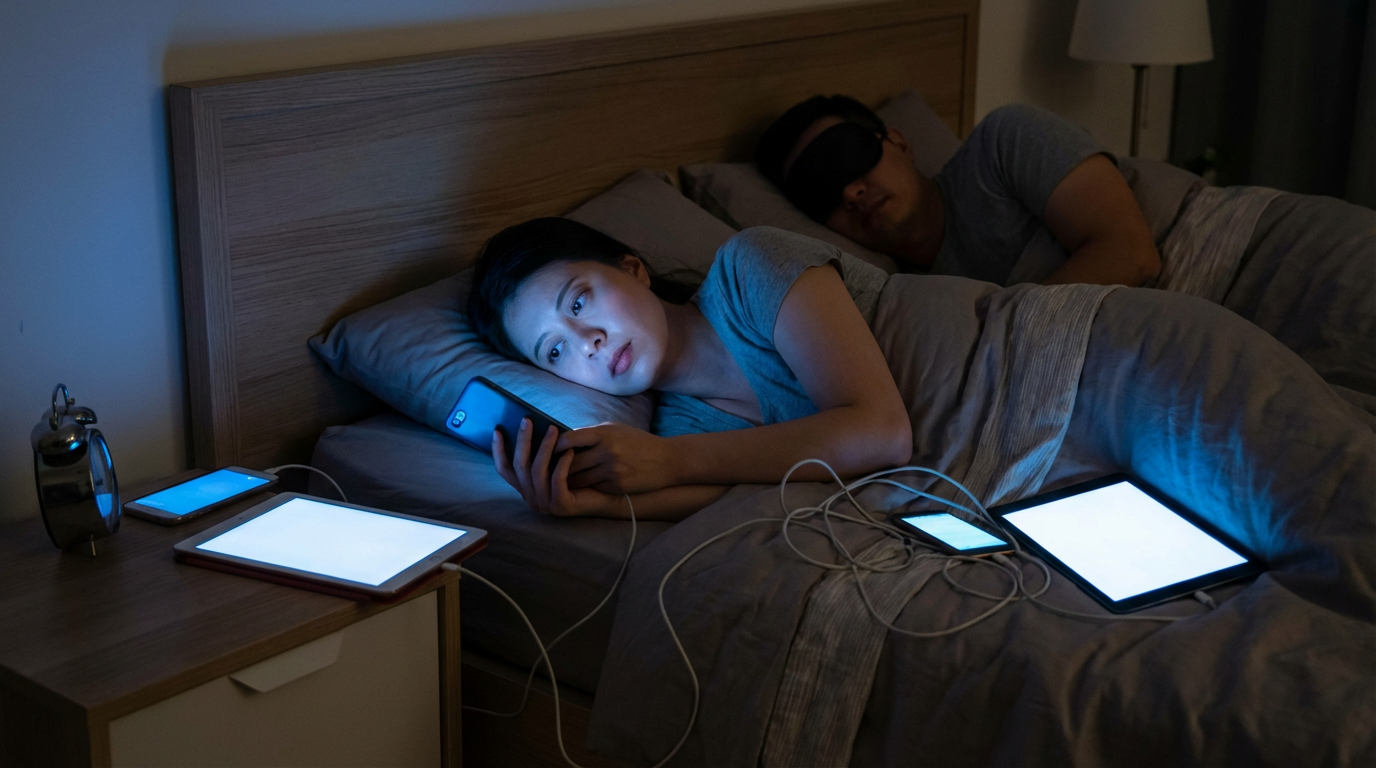 Qualidade do sono Mulher deitada olhando o celular, cercada por tablets e smartphones ligados, enquanto homem dorme ao lado.