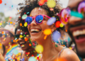 Mulher sorridente usa óculos rosa em meio a confetes coloridos durante bloco de Carnaval