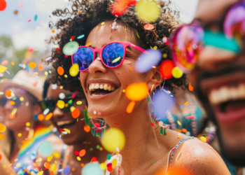 Mulher sorridente usa óculos rosa em meio a confetes coloridos durante bloco de Carnaval