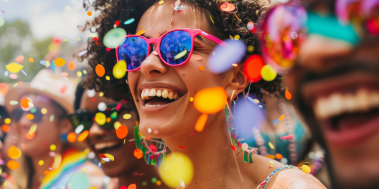 Mulher sorridente usa óculos rosa em meio a confetes coloridos durante bloco de Carnaval
