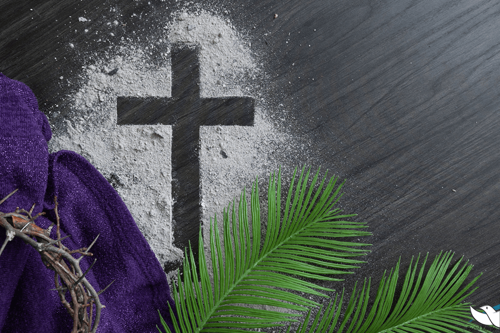 Quaresma período de 40 dias de preparação espiritual para a Páscoa. Imagem de cinzas formando um crucifixo, com ramagens e coroa de espinhos, simbolizando a Quarta-feira de Cinzas e o início da Quaresma.