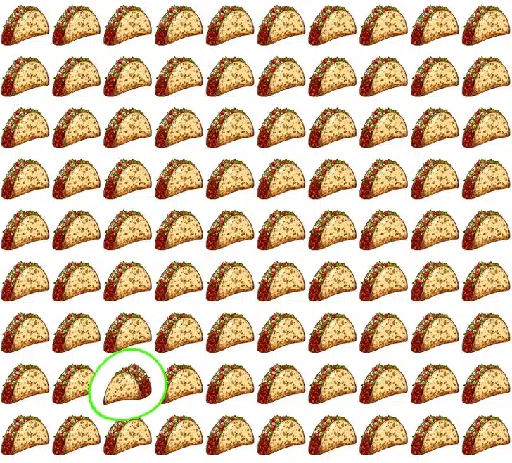 Desafio Visual: Encontre o Taco Diferente Imagem de um desafio visual com tacos; um taco na oitava linha, terceira coluna, se destaca por ter mais recheio e estar em uma posição diferente dos outros.