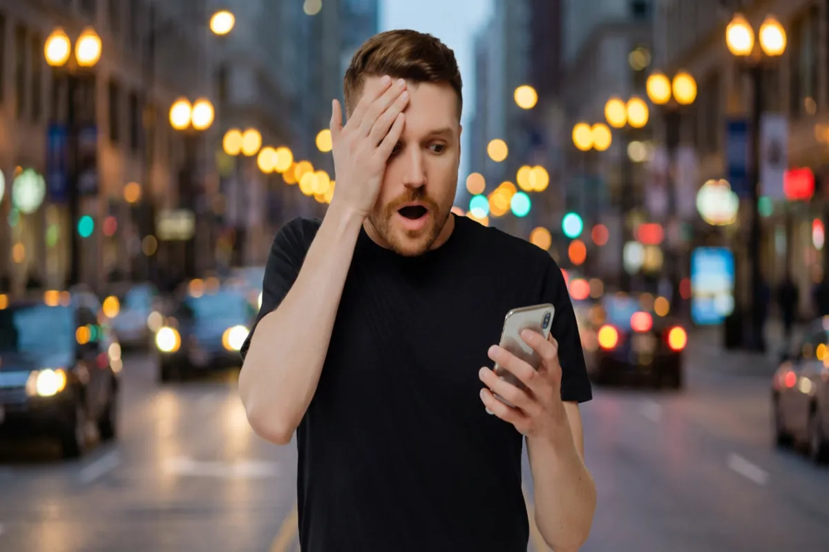 Perigos do Wi-Fi público ativo no celular Homem surpreso olhando o celular em ambiente urbano, representando os perigos de conexões Wi-Fi públicas automáticas.