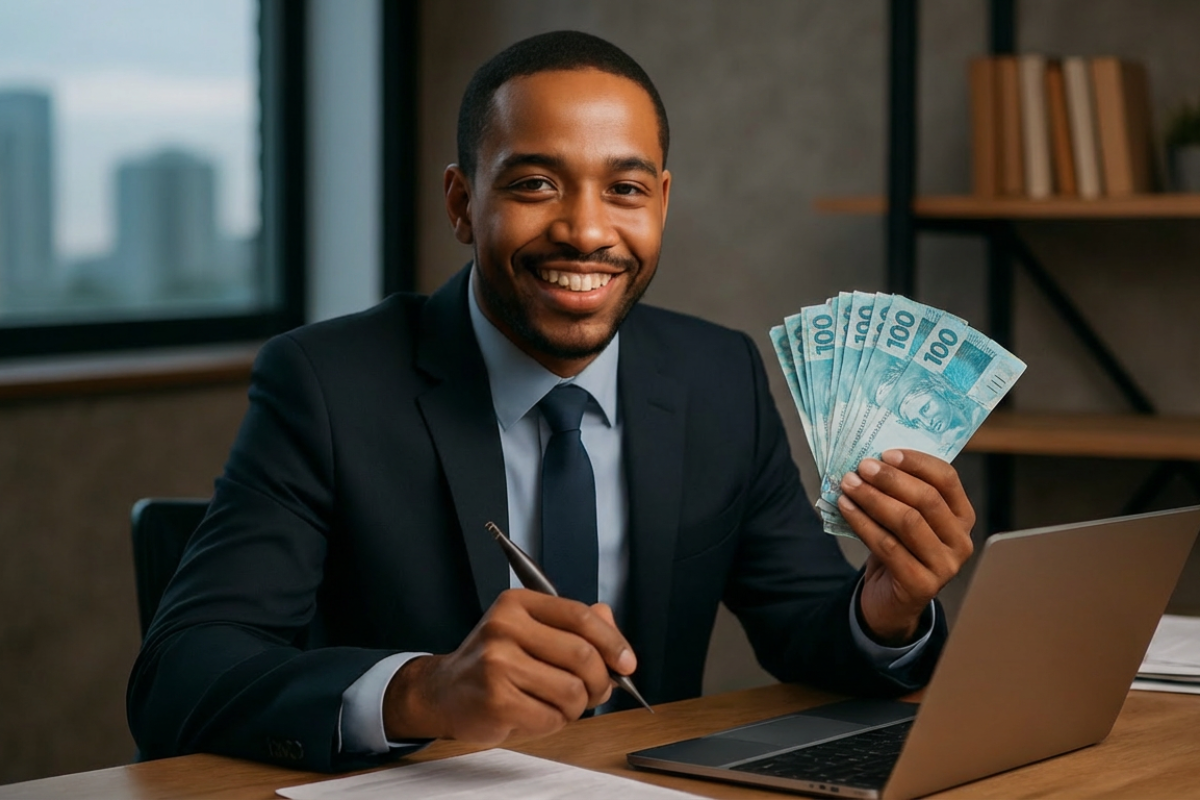 Salários altos 2026 Homem de terno sorrindo exibe notas de cem reais ao lado de notebook