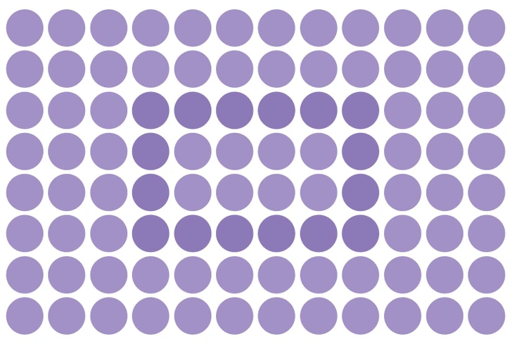 Teste sua percepção tentando encontrar o retângulo camuflado entre vários círculos. Teste de QI com diversos círculos roxos alinhados com um retângulo oculto entre eles