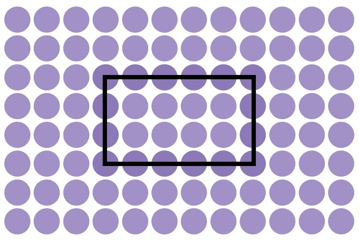 Desafio visual de encontrar o retângulo entre círculos no teste de QI Teste de QI com diversos círculos roxos alinhados com um retângulo oculto entre eles