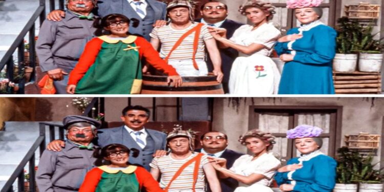 Sete personagens do Chaves posando juntos em cenário de vila, compondo desafio visual
