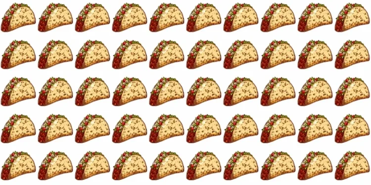 Desafio visual com tacos; uma série de tacos de carne, com alface e tomate, onde um taco se destaca por uma característica única.