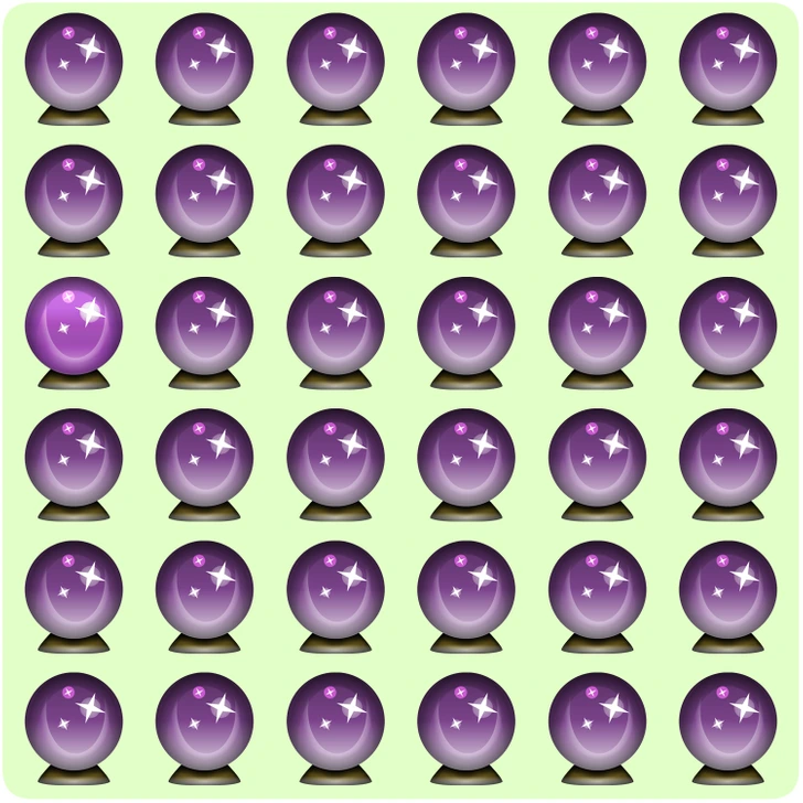 Diversas bolas de cristal roxas alinhadas sobre fundo verde-claro; uma bola se destaca pelas cores