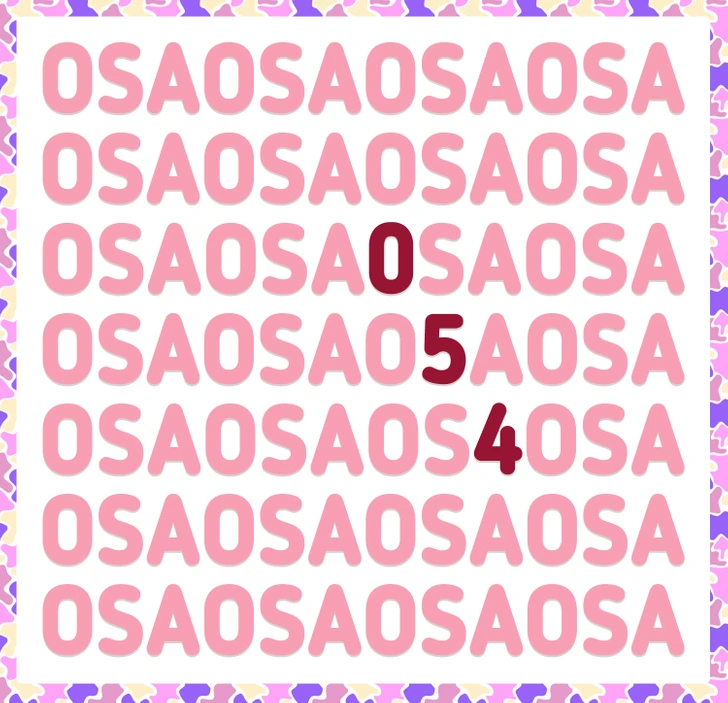 Desafio visual com letras e número 054 camuflado em padrão Teste visual com linhas de letras OSAOSA repetidas e números 0, 5 e 4 disfarçados entre os caracteres