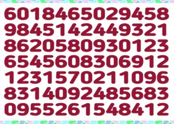 Teste visual com números grandes e aleatórios organizados em linhas sobre fundo colorido pastel.