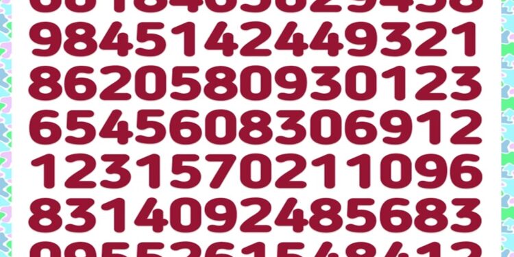 Teste visual com números grandes e aleatórios organizados em linhas sobre fundo colorido pastel.