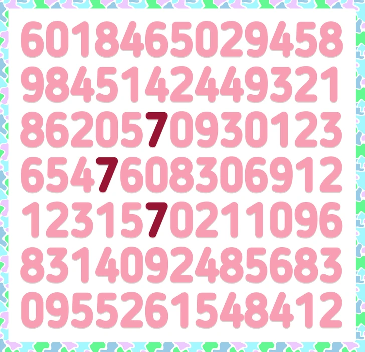 Desafio visual com números aleatórios para achar sequência 777 Teste visual com números grandes e aleatórios organizados em linhas sobre fundo colorido pastel.