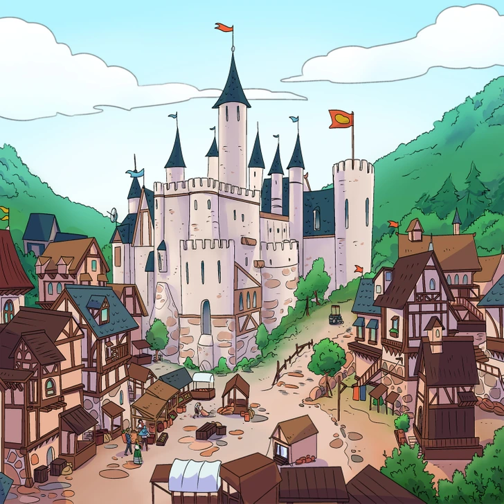 Encontre o erro curioso neste típico cenário medieval! Teste visual: Uma vila com casas de madeira e castelo medieval rodeado por montanhas verdes e bandeiras coloridas