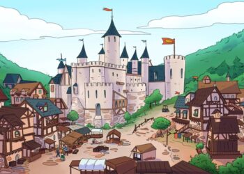 Teste visual: Uma vila com casas de madeira e castelo medieval rodeado por montanhas verdes e bandeiras coloridas