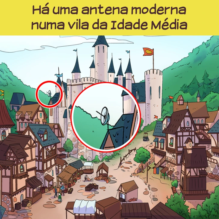 Castelo medieval com vila ao redor em teste visual encontre o erro na imagem da idade media Teste visual: Uma vila com casas de madeira e castelo medieval rodeado por montanhas verdes e bandeiras coloridas
