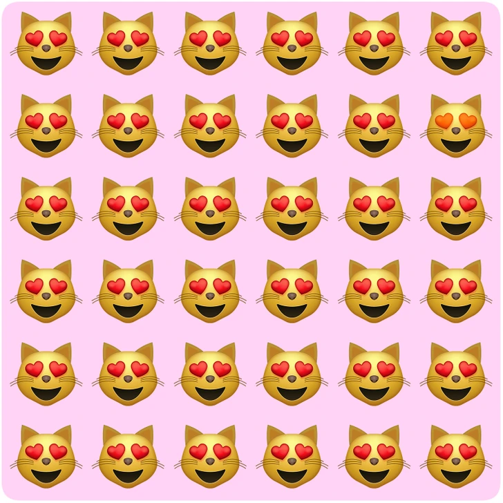 Encontre o gato fora do padrão entre os emojis de gato apaixonado. Teste visual com vários emojis de gato sorrindo com olhos em forma de coração alinhados em fundo rosa