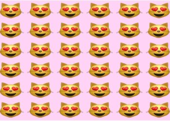 Teste visual com vários emojis de gato sorrindo com olhos em forma de coração alinhados em fundo rosa