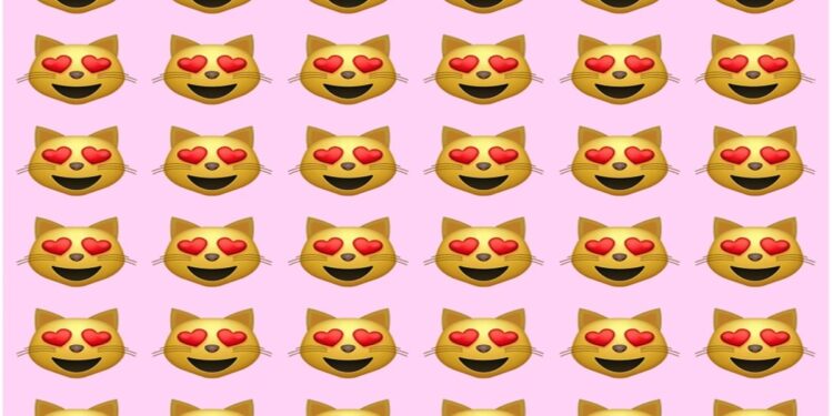 Teste visual com vários emojis de gato sorrindo com olhos em forma de coração alinhados em fundo rosa