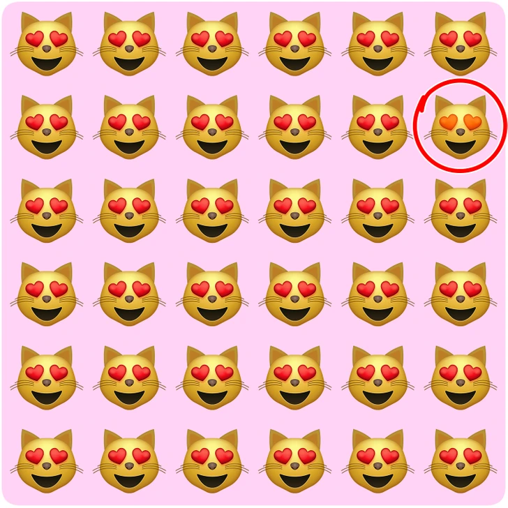 Ache o gato diferente entre os emojis de gato sorridente com olhos de coração em um padrão repetitivo. Teste visual com vários emojis de gato sorrindo com olhos em forma de coração alinhados em fundo rosa