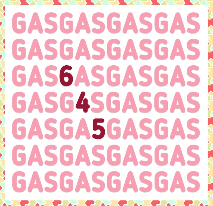Desafio visual: encontre o número 645 entre várias letras GAS Teste visual com linhas de letras GAS com um número 6, 4 e 5 camuflados formando 645 entre as letras