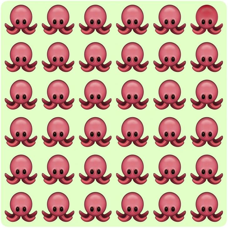 Consegue achar o polvo diferente? Teste visual com vários emojis de polvo organizados em grade sobre fundo verde-claro, um visualmente diferente dos demais