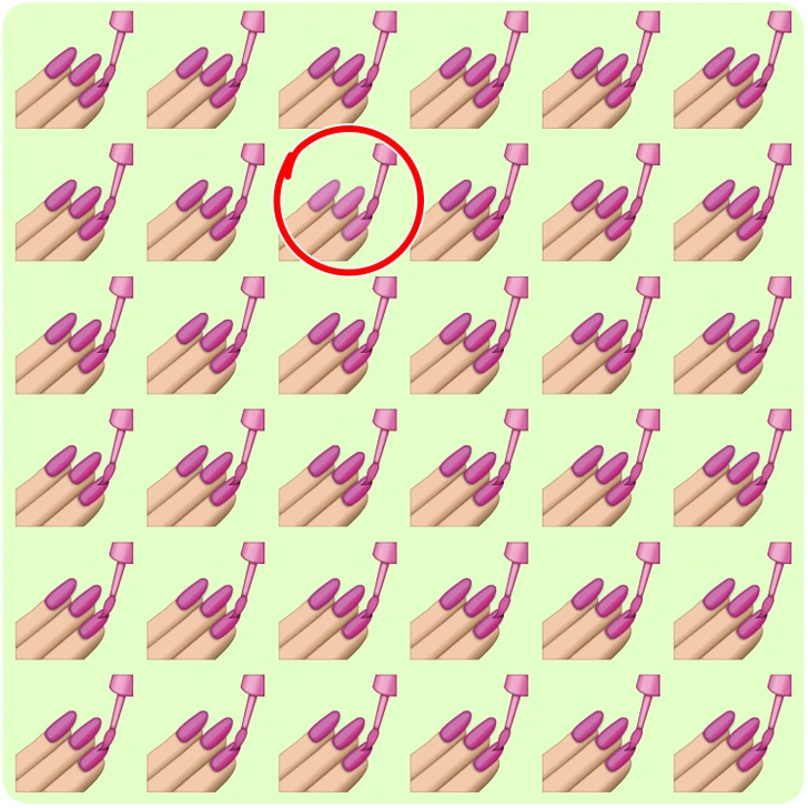 Desafio visual com emojis de unhas pintadas em esmalte rosa Teste visual com diversas mãos com unhas pintadas de rosa e pincéis de esmalte formando padrão repetitivo