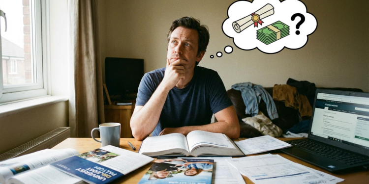 Homem pensativo com livros abertos, laptop, e balão de pensamento sobre diploma e dinheiro.