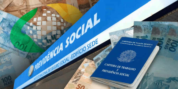 Carteira de trabalho azul sobre notas de reais, ao lado de fachada do INSS