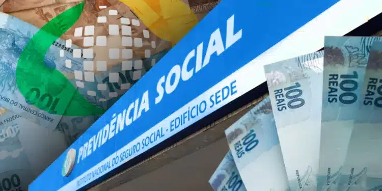 Placa azul do INSS junto a notas de 100 e 50 reais, simbolizando benefícios sociais