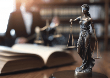 Estátua da Justiça com balança sobre mesa ao lado de livro aberto em biblioteca jurídica