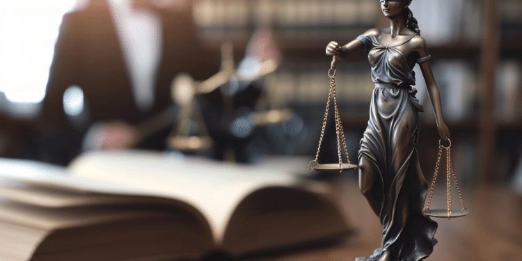Estátua da Justiça com balança sobre mesa ao lado de livro aberto em biblioteca jurídica