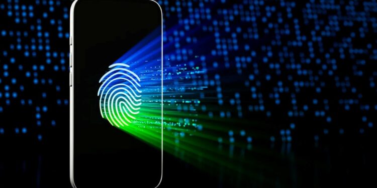 Imagem representando um iPhone com leitura de impressões digitais, simbolizando o risco de espionagem digital e roubo de dados via falhas de segurança.