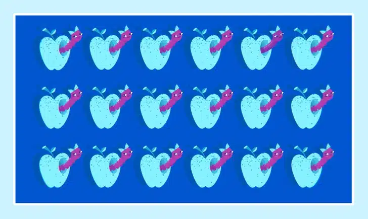 Desafio visual com diversas maçãs azuis com minhoca rosa em padrão repetitivo sobre fundo azul escuro