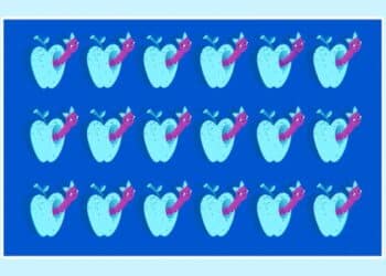 Desafio visual com diversas maçãs azuis com minhoca rosa em padrão repetitivo sobre fundo azul escuro