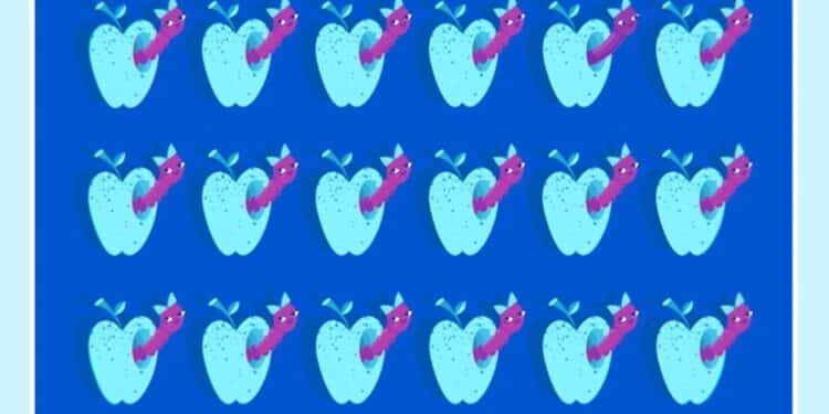 Desafio visual com diversas maçãs azuis com minhoca rosa em padrão repetitivo sobre fundo azul escuro