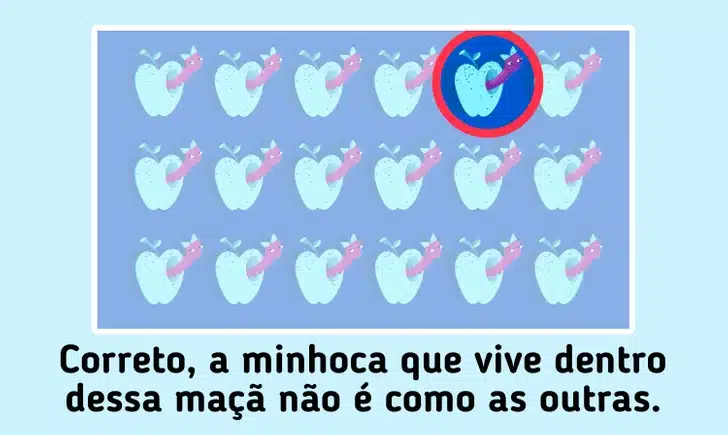 Desafio visual com diversas maçãs azuis com minhoca rosa em padrão repetitivo sobre fundo azul escuro