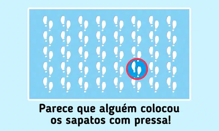 Desafio visual com sequência de pegadas brancas alinhadas sobre fundo azul com uma pegada diferente