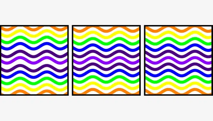 Desafio visual com três quadros com linhas onduladas coloridas e padrão similar lado a lado