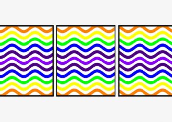 Desafio visual com três quadros com linhas onduladas coloridas e padrão similar lado a lado