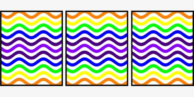 Desafio visual com três quadros com linhas onduladas coloridas e padrão similar lado a lado