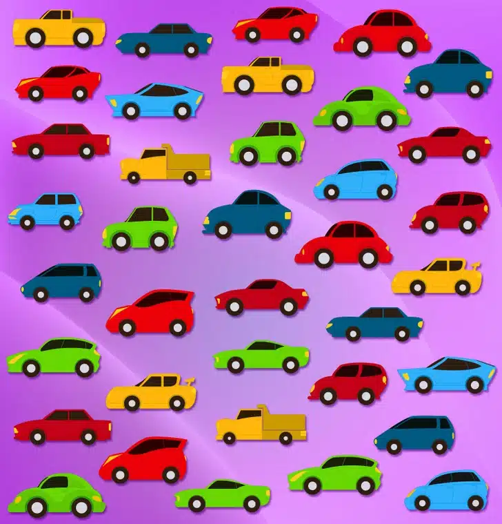 Desafio visual com diversos modelos de carros coloridos organizados sobre fundo roxo, formando padrão colorido
