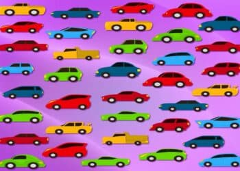 Desafio visual com diversos modelos de carros coloridos organizados sobre fundo roxo, formando padrão colorido