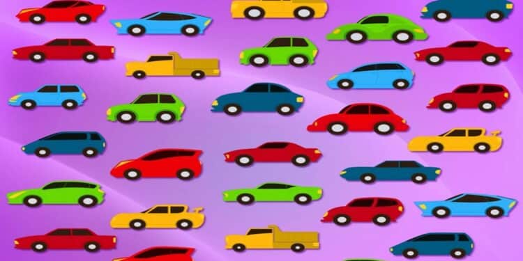 Desafio visual com diversos modelos de carros coloridos organizados sobre fundo roxo, formando padrão colorido