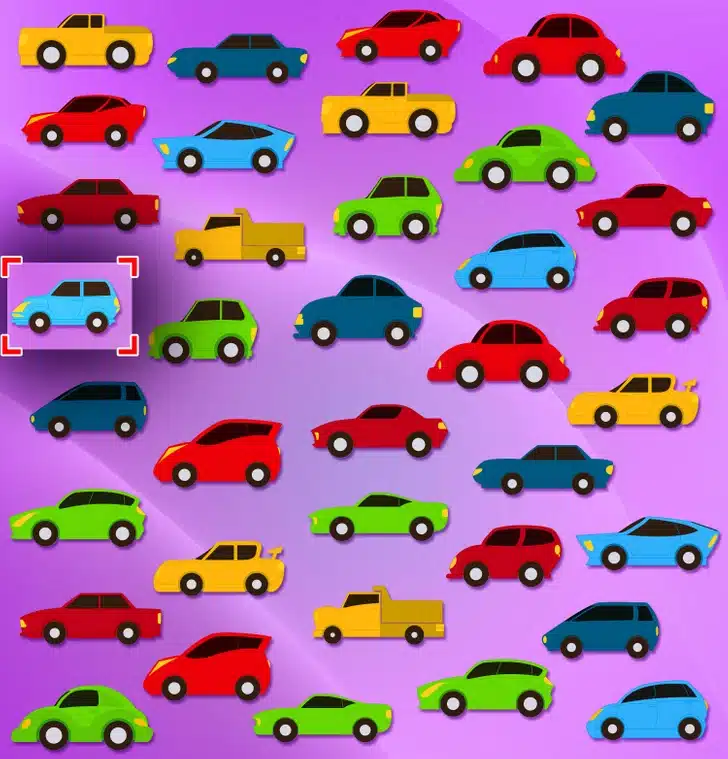 Desafio visual com diversos modelos de carros coloridos organizados sobre fundo roxo, formando padrão colorido